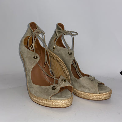 Aquazzura Stone Suede Laced Wooden Wedges 38