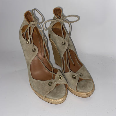 Aquazzura Stone Suede Laced Wooden Wedges 38