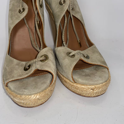 Aquazzura Stone Suede Laced Wooden Wedges 38