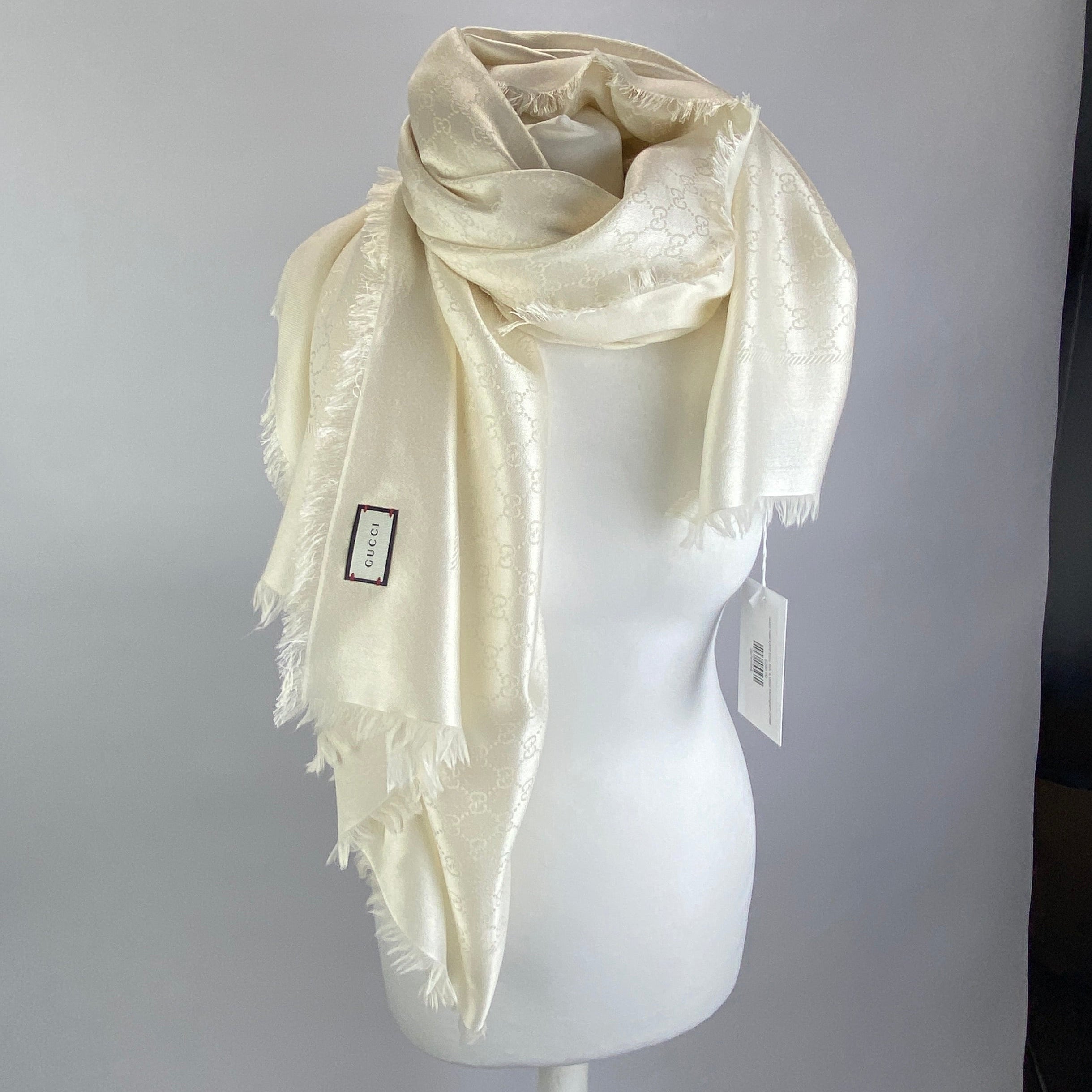 Gucci New £470 Ecru Silk & Wool Monogram Shawl