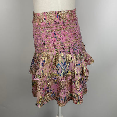 Hemant & Nandita £300 Pink & Gold Floral Chiffon Mini Skirt S