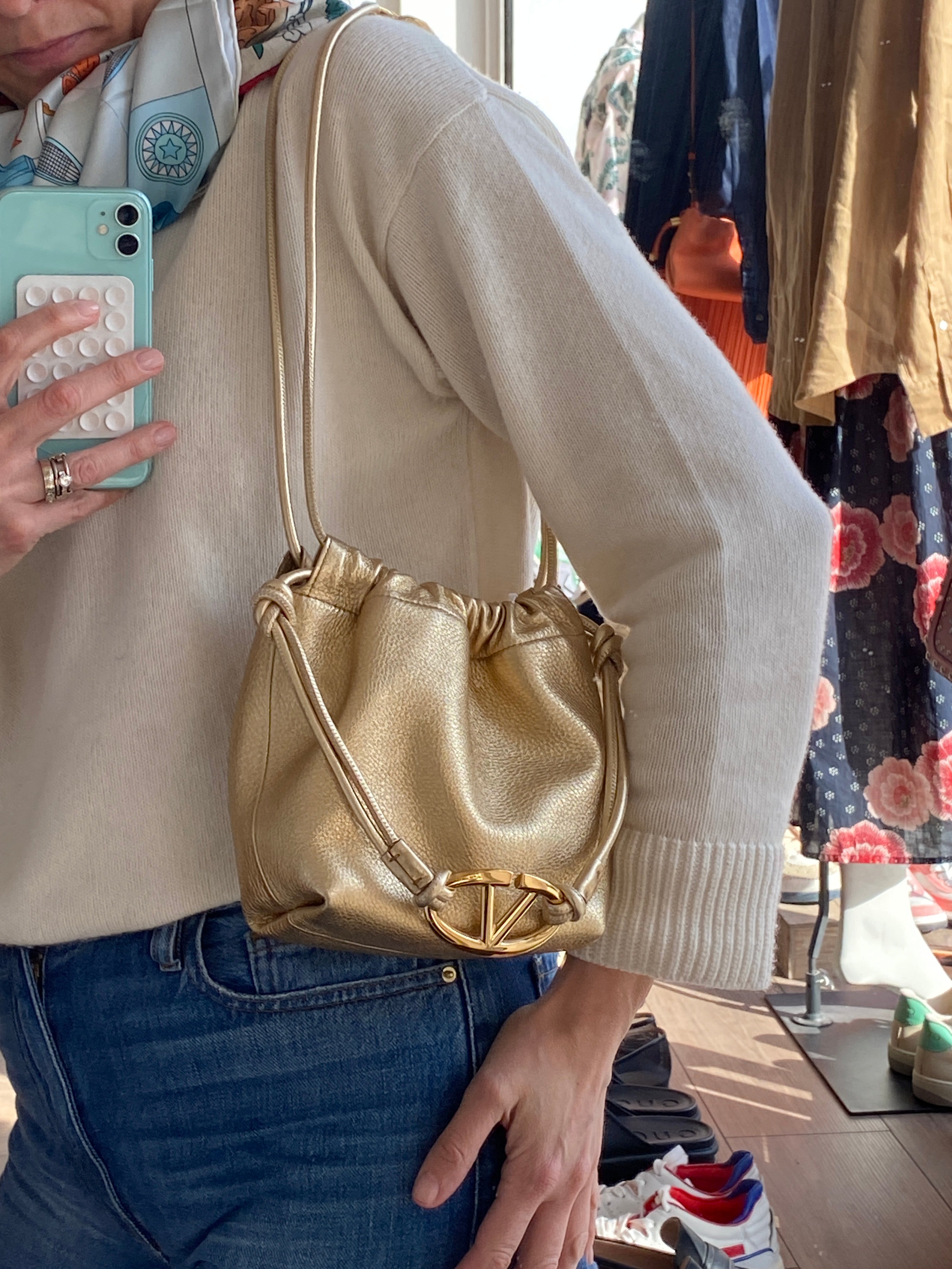 Valentino Vlogo Gold Pouf Bucket Bag