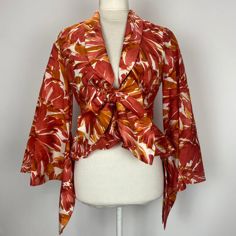 Alexis New £295 Burnt Orange & Ivory Floral Brushstroke Tie Top S