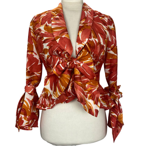 Alexis New £295 Burnt Orange & Ivory Floral Brushstroke Tie Top S