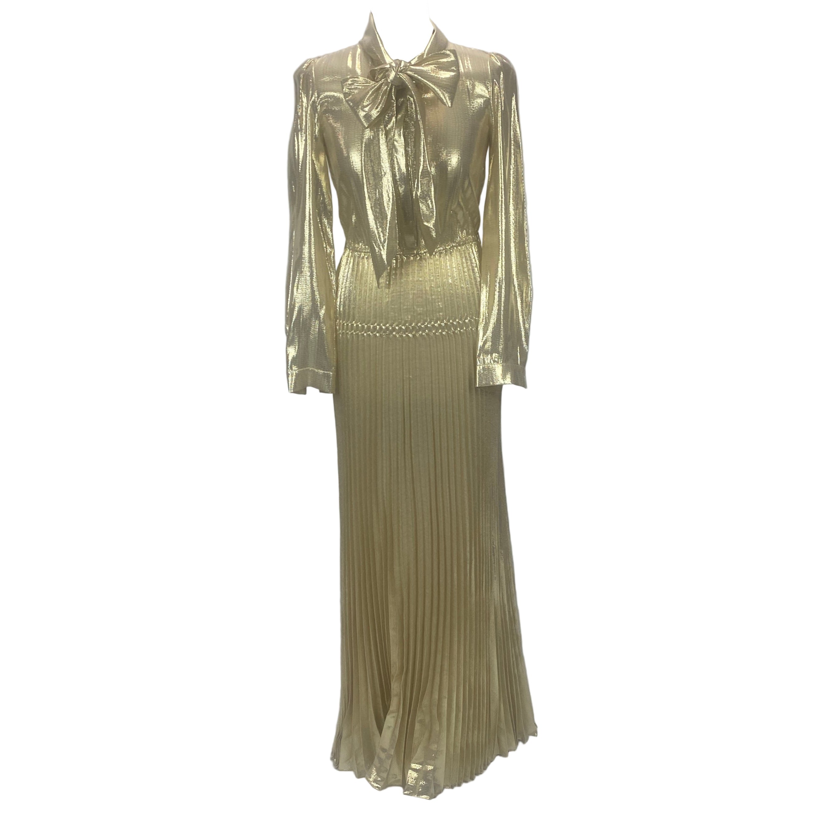 Self-Portrait £595 Gold Metallic Tie Neck Maxi Dress XXS
