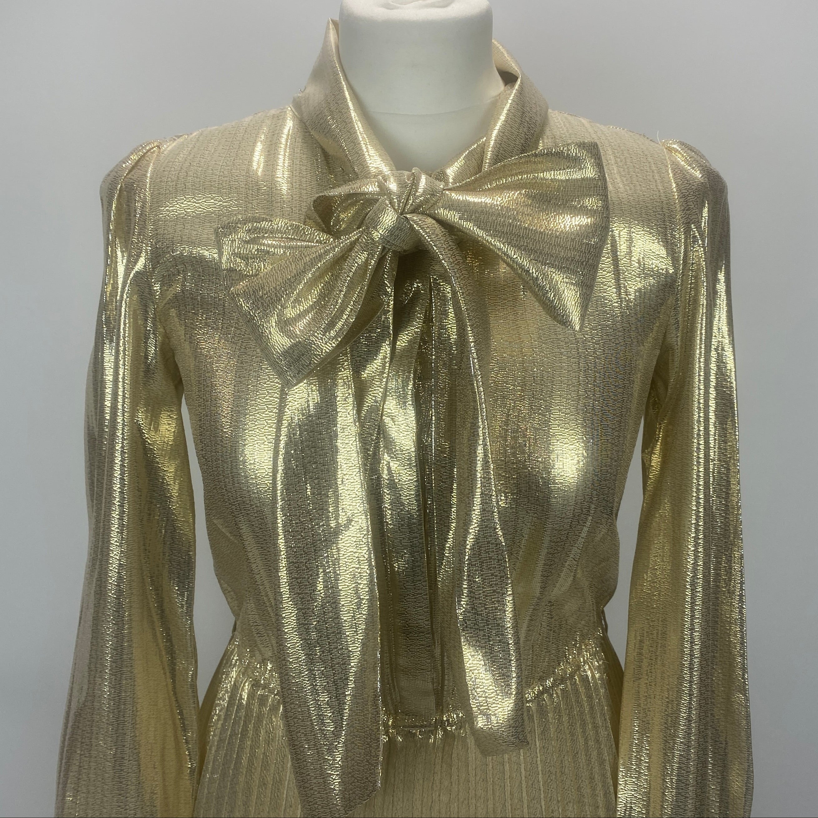 Self-Portrait £595 Gold Metallic Tie Neck Maxi Dress XXS