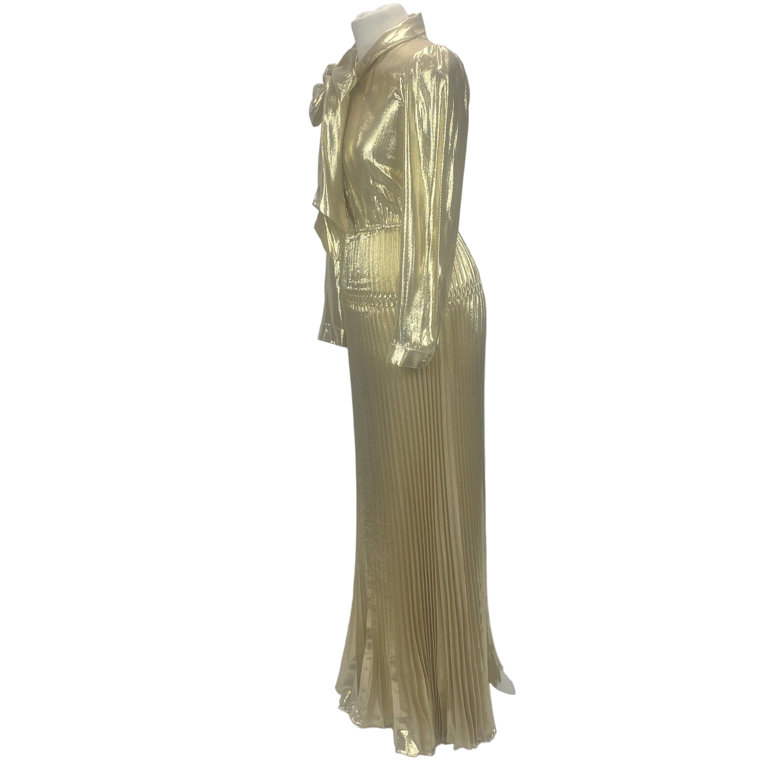 Self-Portrait £595 Gold Metallic Tie Neck Maxi Dress XXS