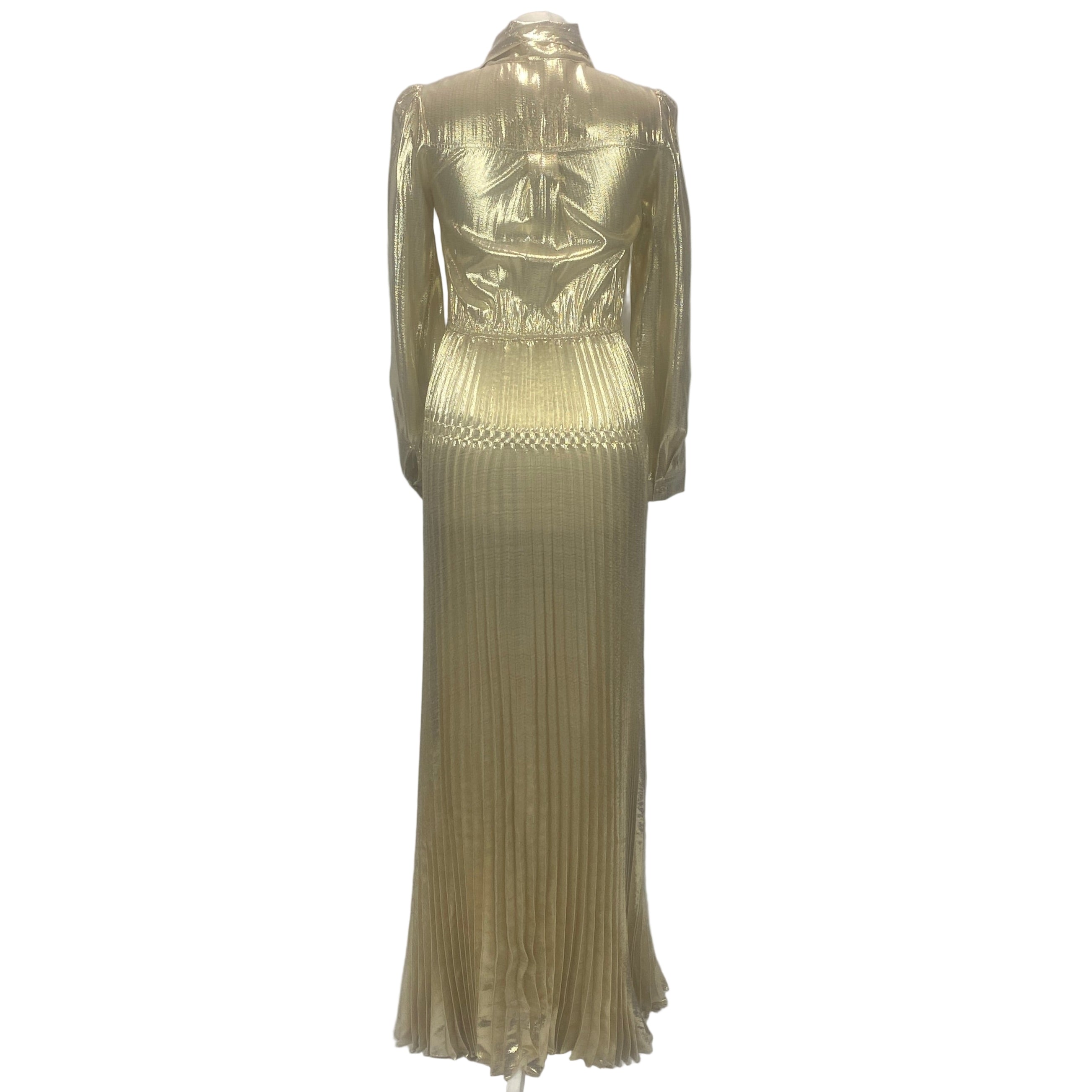 Self-Portrait £595 Gold Metallic Tie Neck Maxi Dress XXS