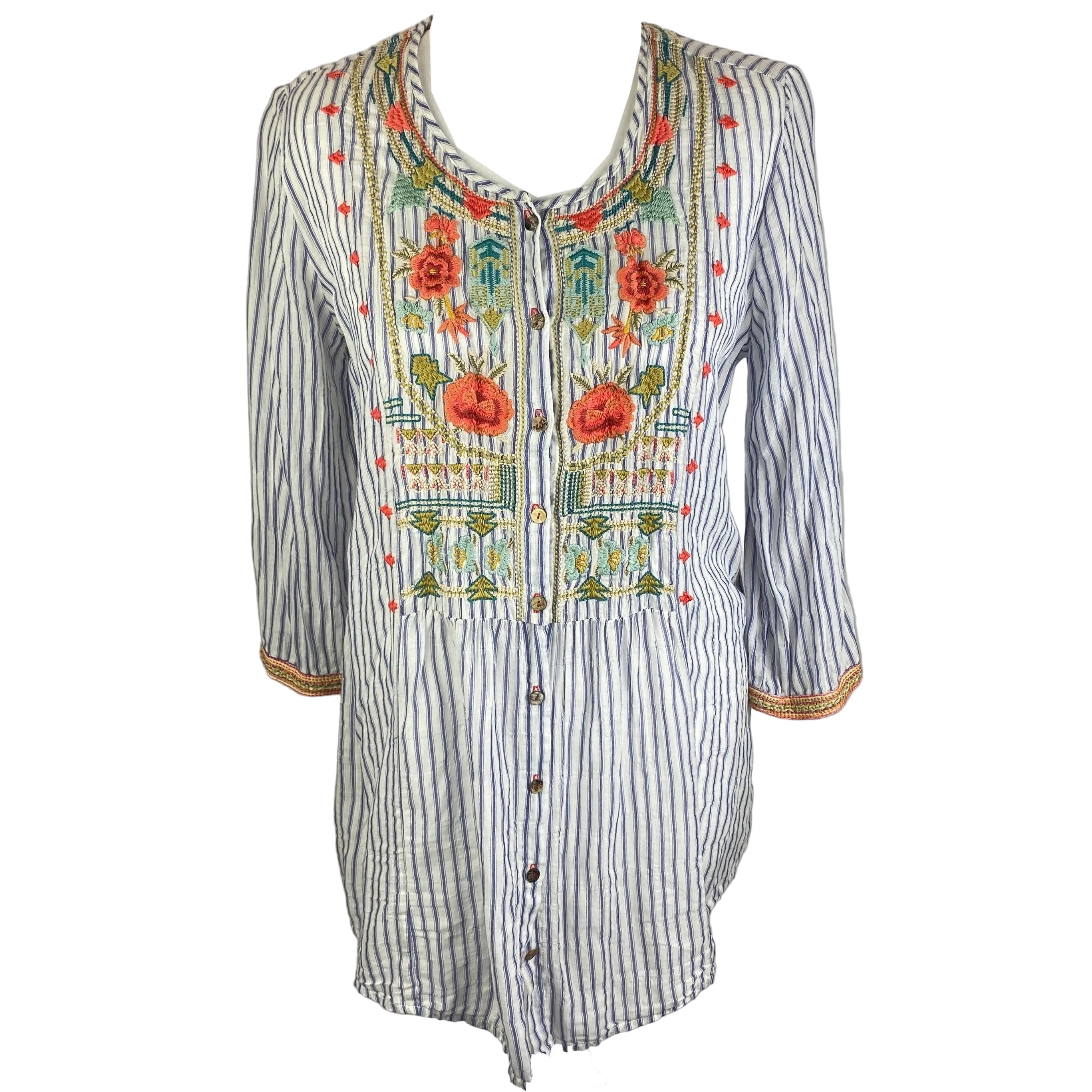 Johnny Was £225 Chambray Stripe Embroidered Tunic Top S
