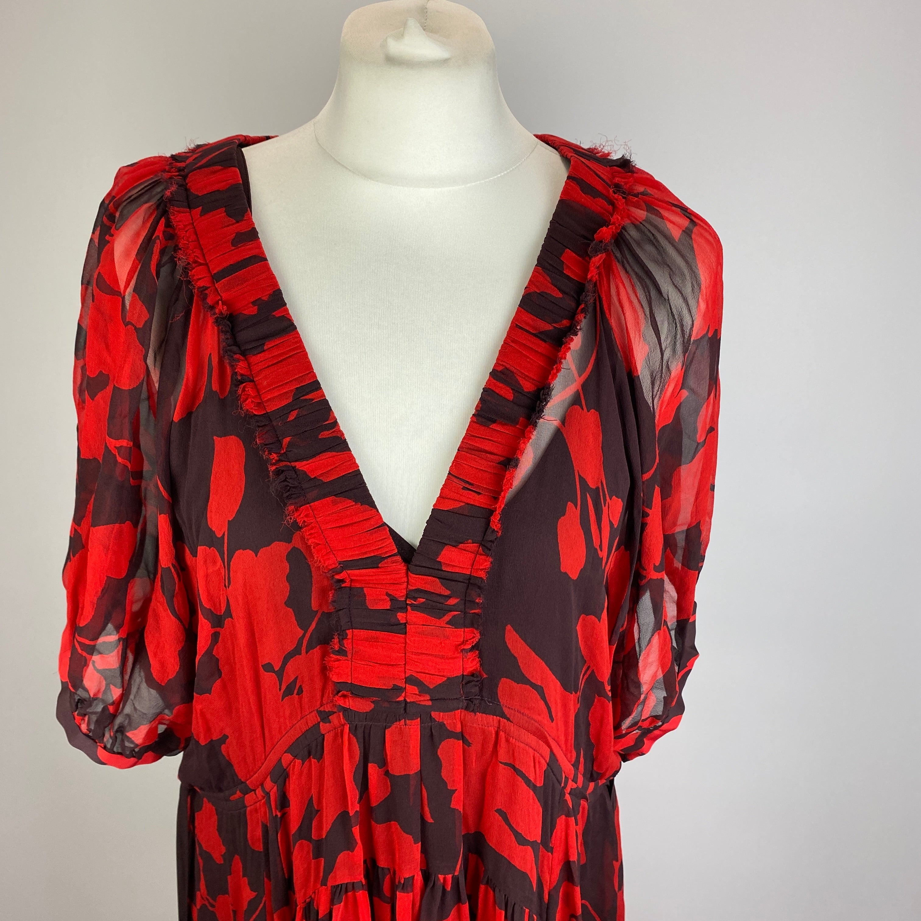 La Ligne £309 Ruby Print Silk Chiffon Constance Tiered Dress M