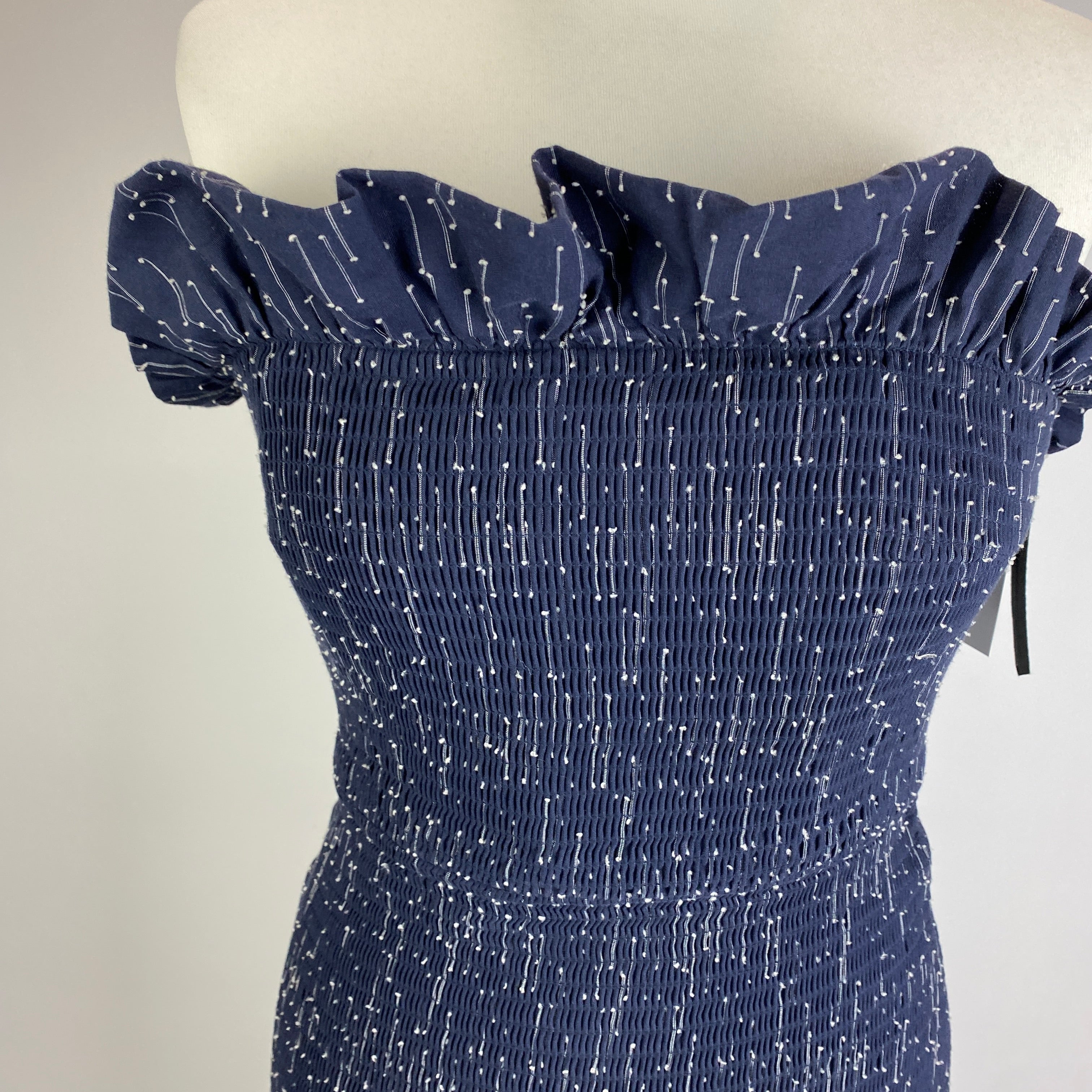 Victoria Beckham Navy Shirred Cotton Strapless Dress S