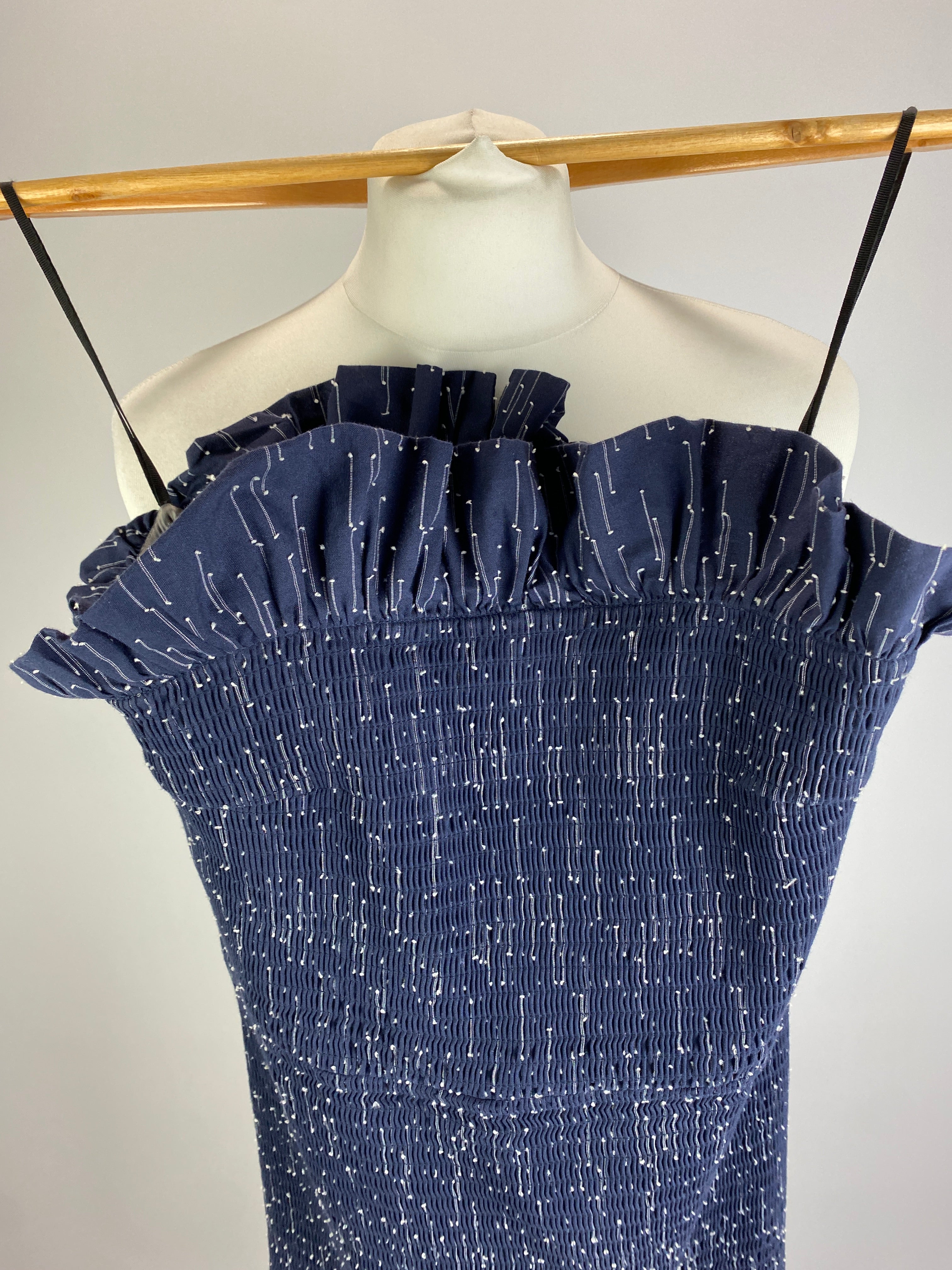 Victoria Beckham Navy Shirred Cotton Strapless Dress S