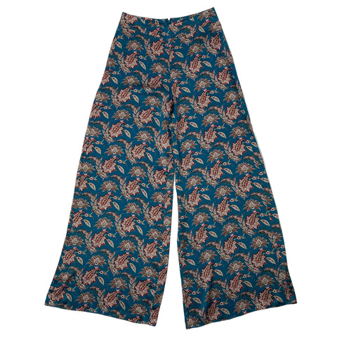 Liberty London £265 Teal Paisley Print Silk Palazzo Pants S