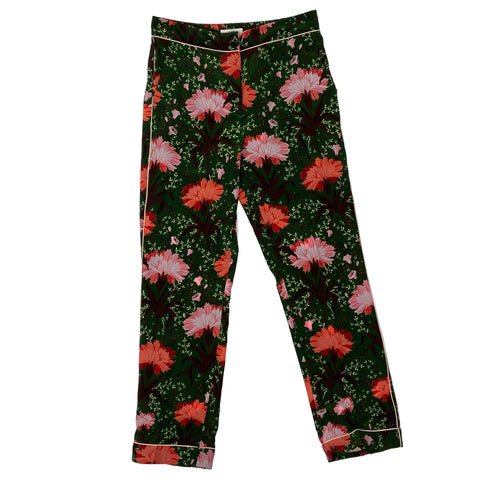 Erdem New Forest Green Floral Silk Ray Pants XS