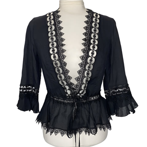 Charo Ruiz Black Cotton & Lace Tie Front Top XS