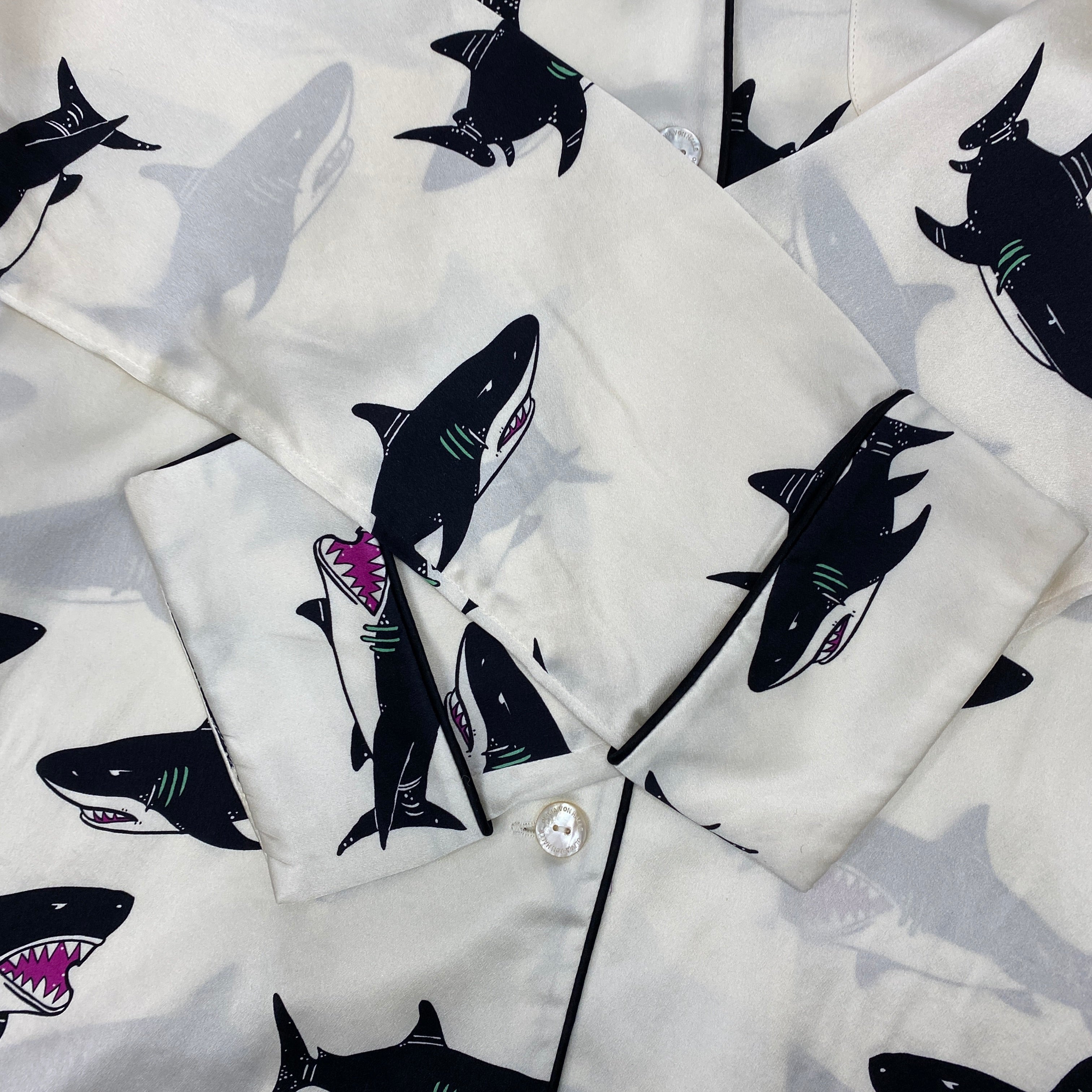 Olivia Von Halle £620 Cream Shark Print Silk Lila Pyjama Set S