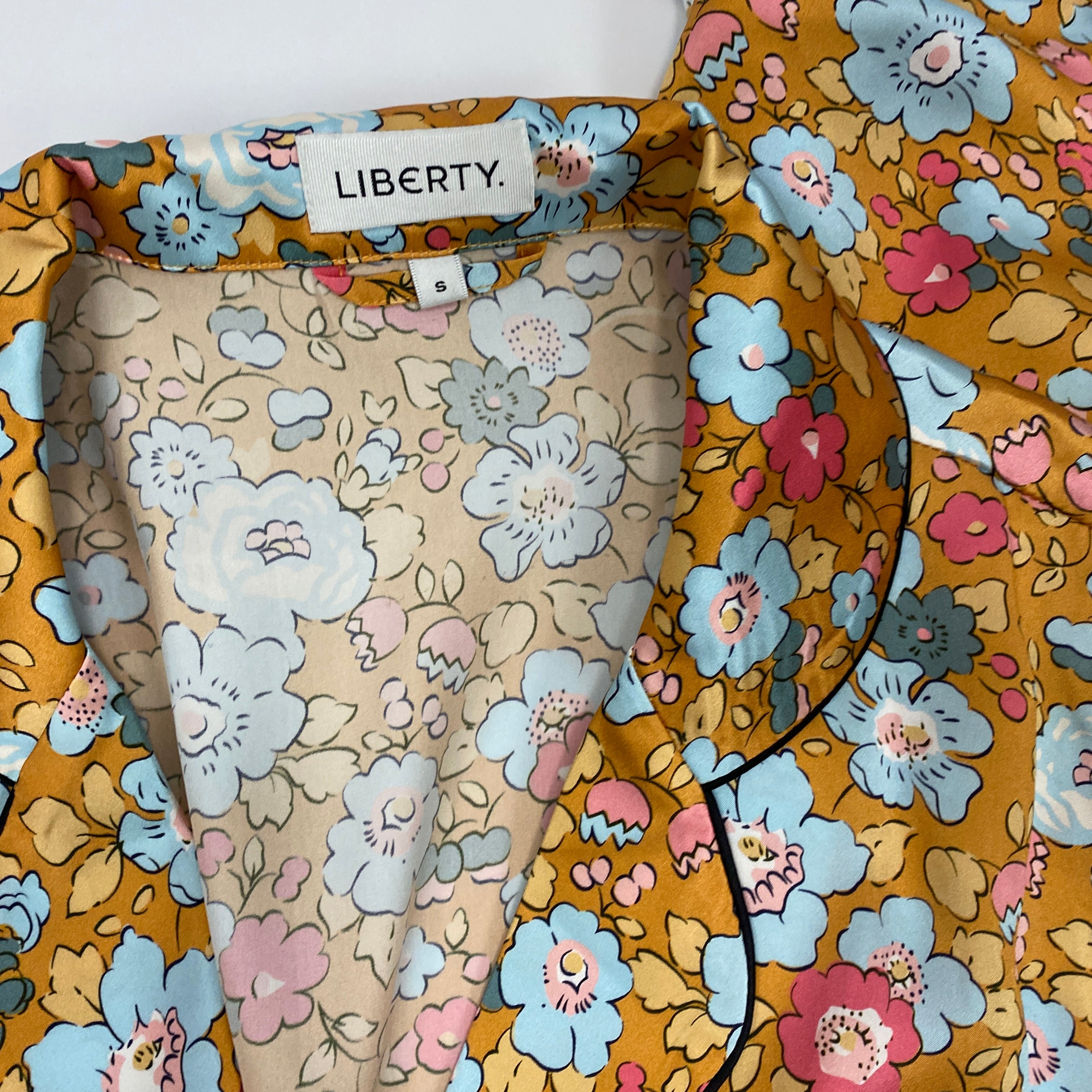 Liberty London £425 Old Gold Floral Print Silk Pyjama Set S