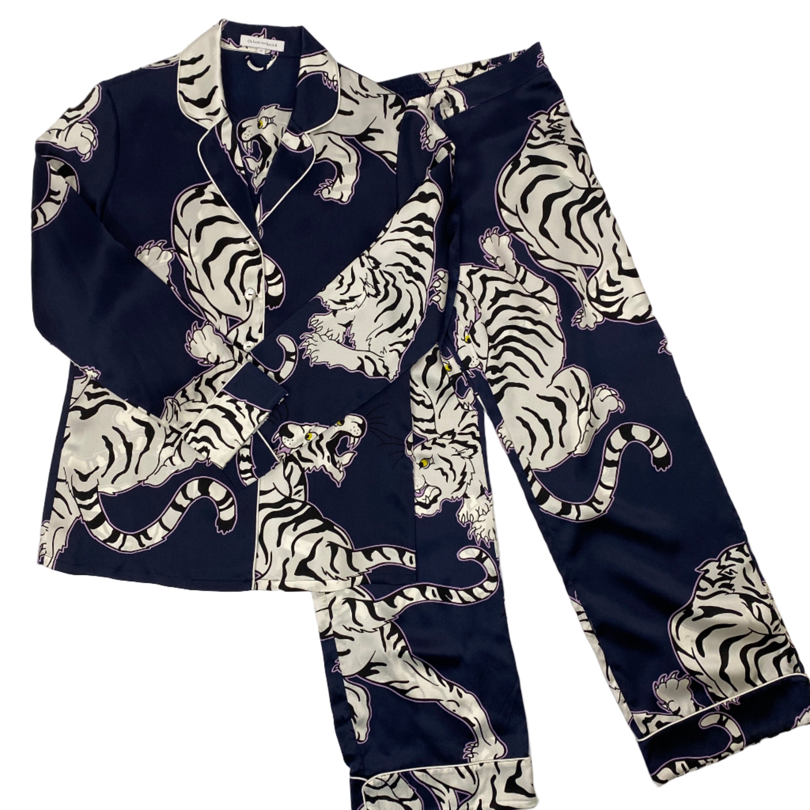 Olivia Von Halle £620 Navy Tiger Print Silk Lila Pyjama Set S