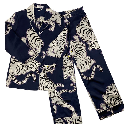 Olivia Von Halle £620 Navy Tiger Print Silk Lila Pyjama Set S