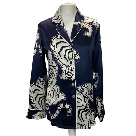 Olivia Von Halle £620 Navy Tiger Print Silk Lila Pyjama Set S