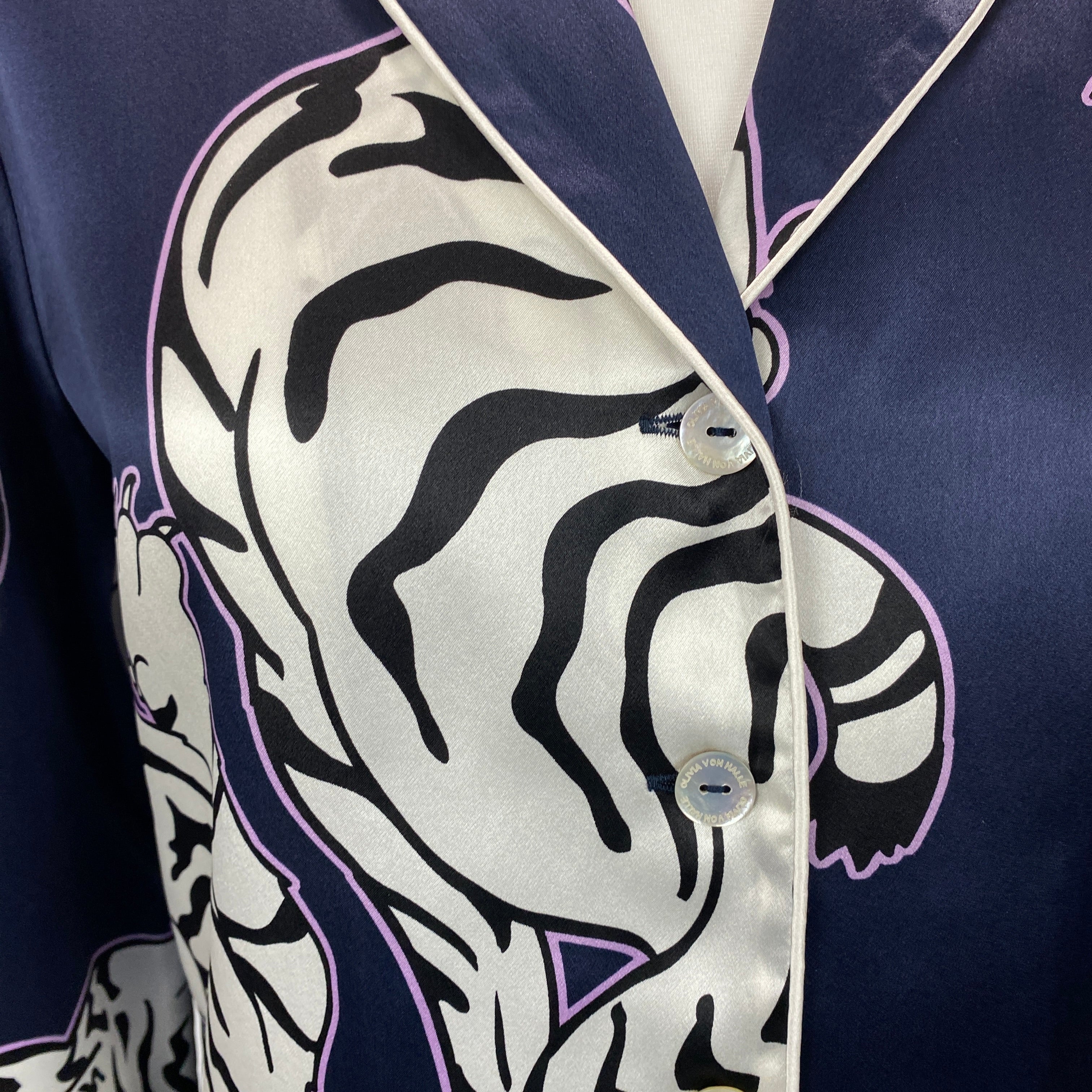 Olivia Von Halle £620 Navy Tiger Print Silk Lila Pyjama Set S