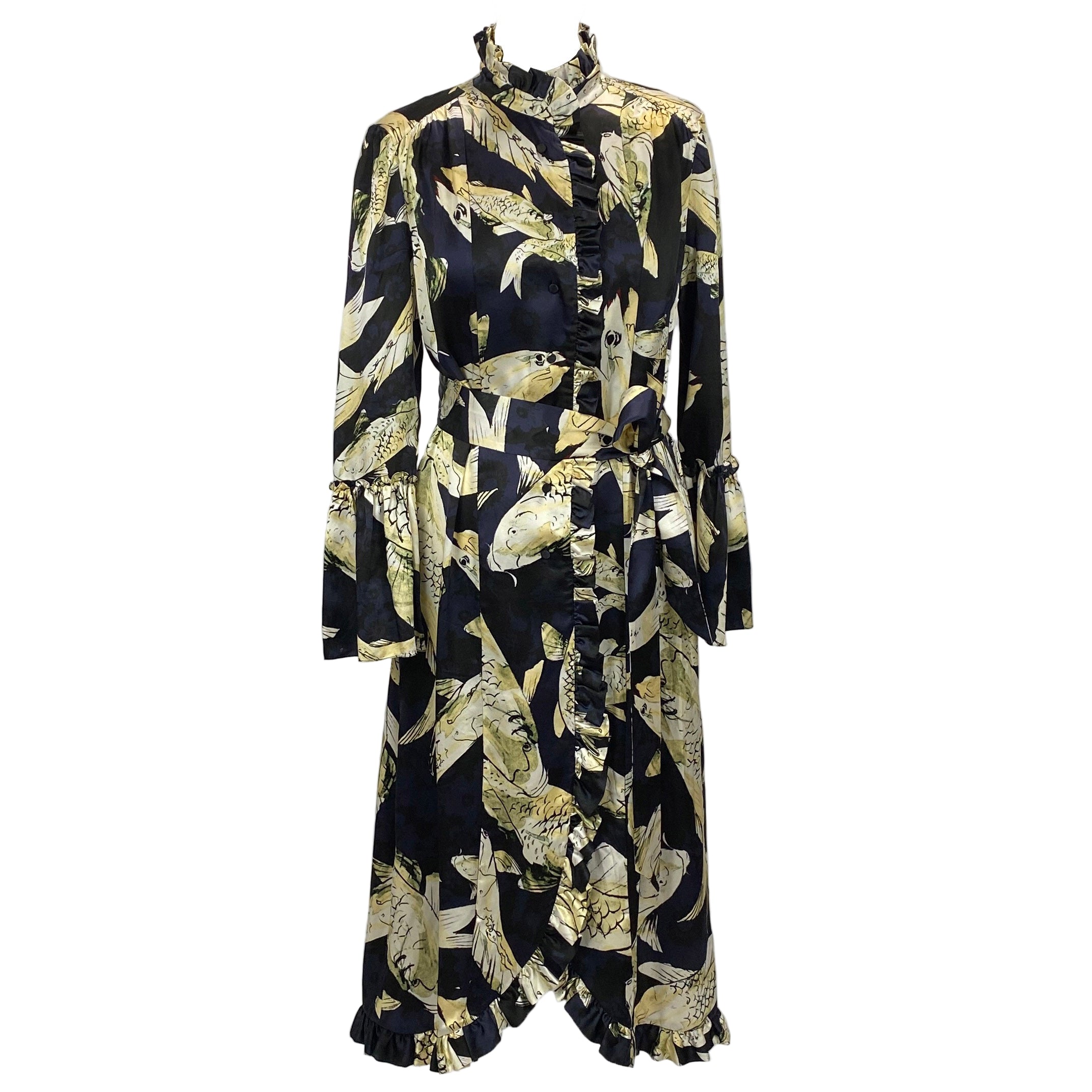 Erdem Black & Cream Carp Print Silk Maxi Siren Dress M
