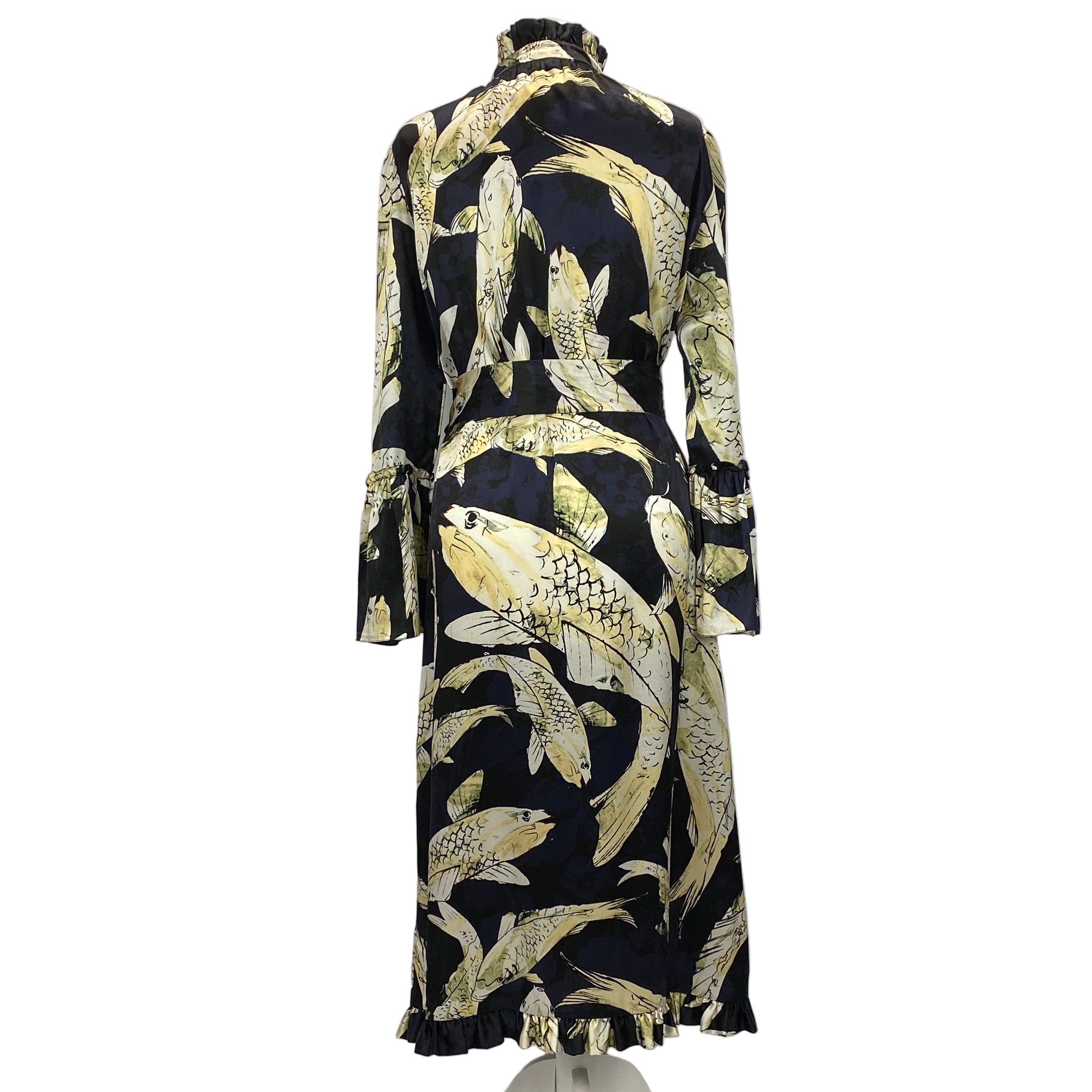 Erdem Black & Cream Carp Print Silk Maxi Siren Dress M