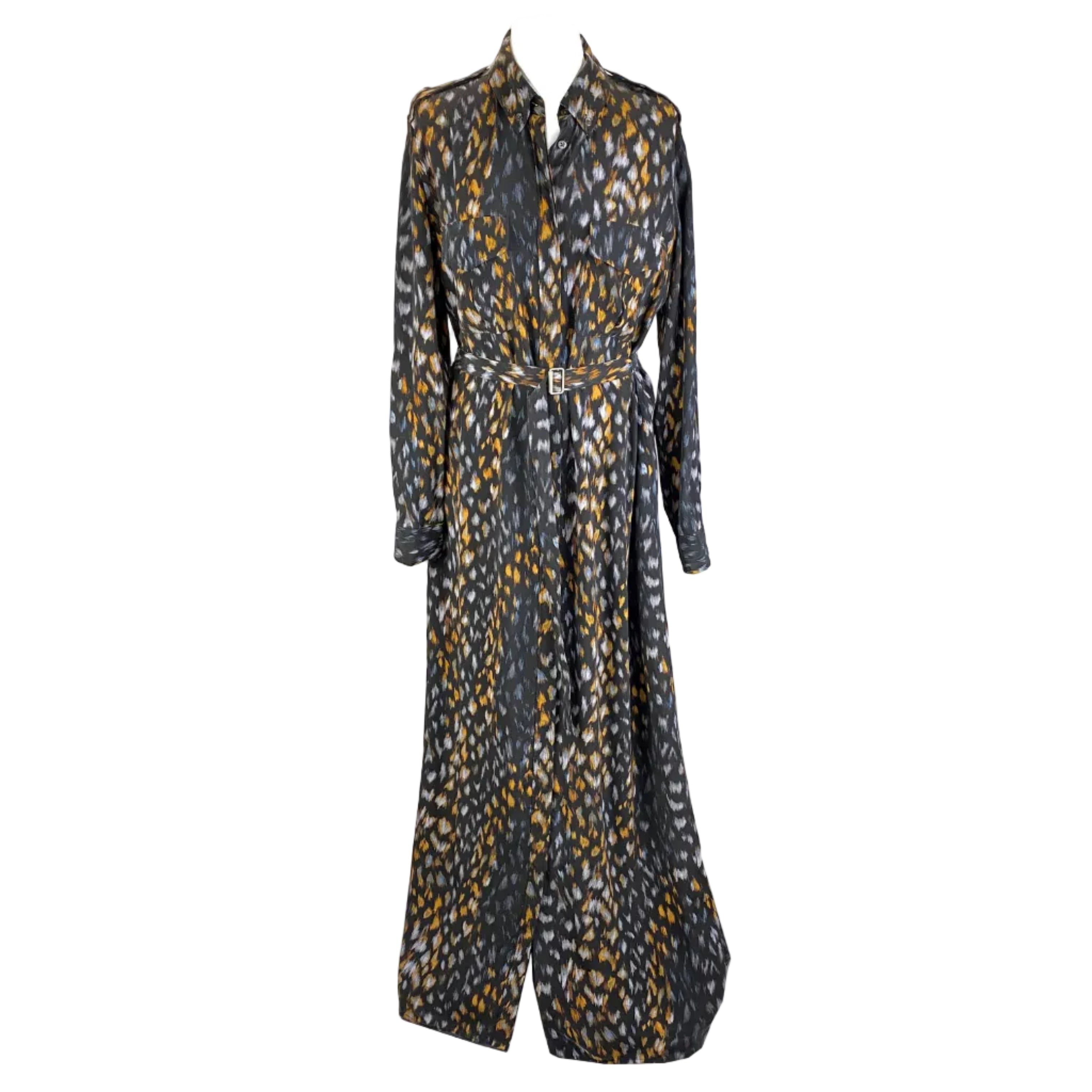 Equipment Charcoal Print Silk Maxi Shirt Dress M