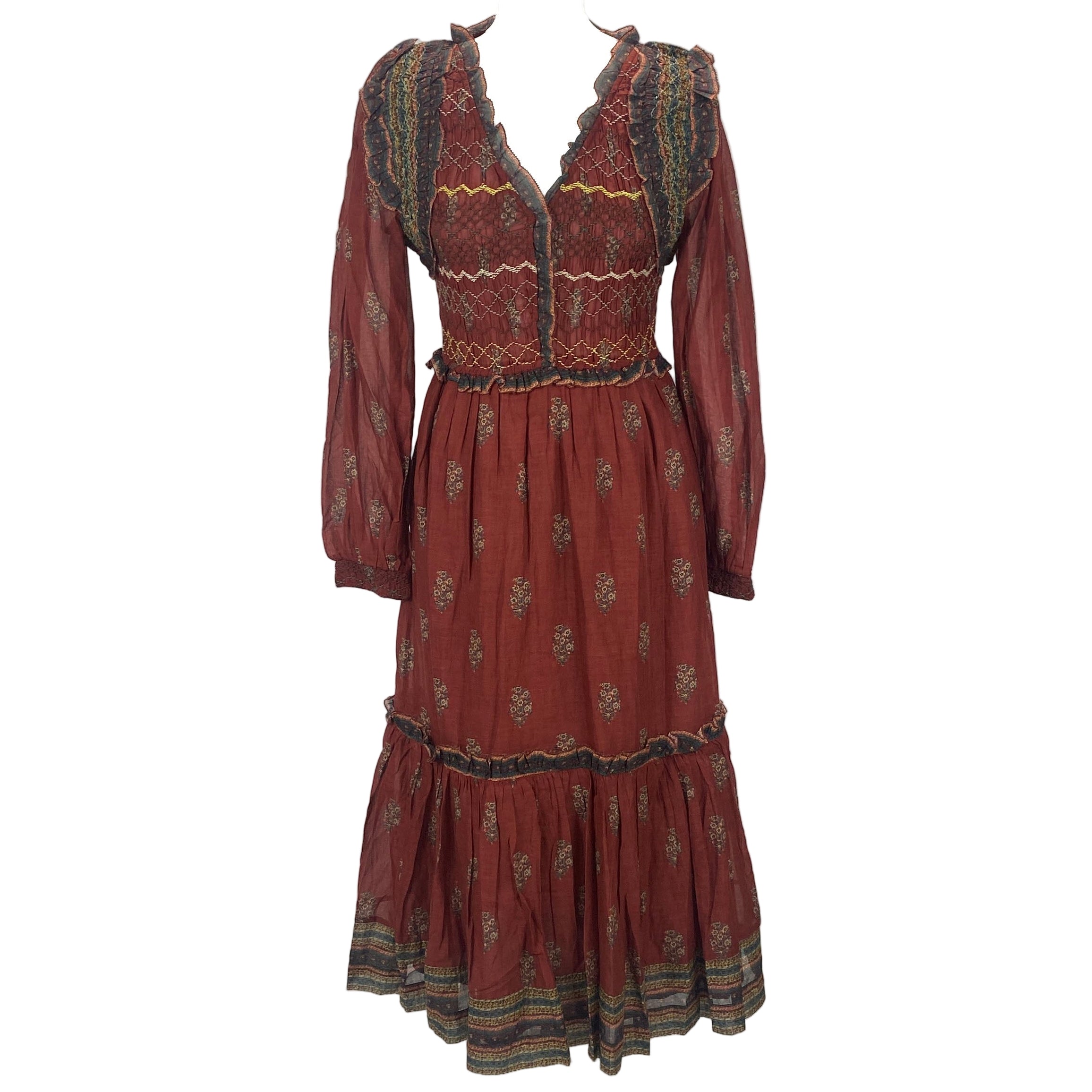 Sea New York Cranberry Cotton Shirred Bodice Dress M