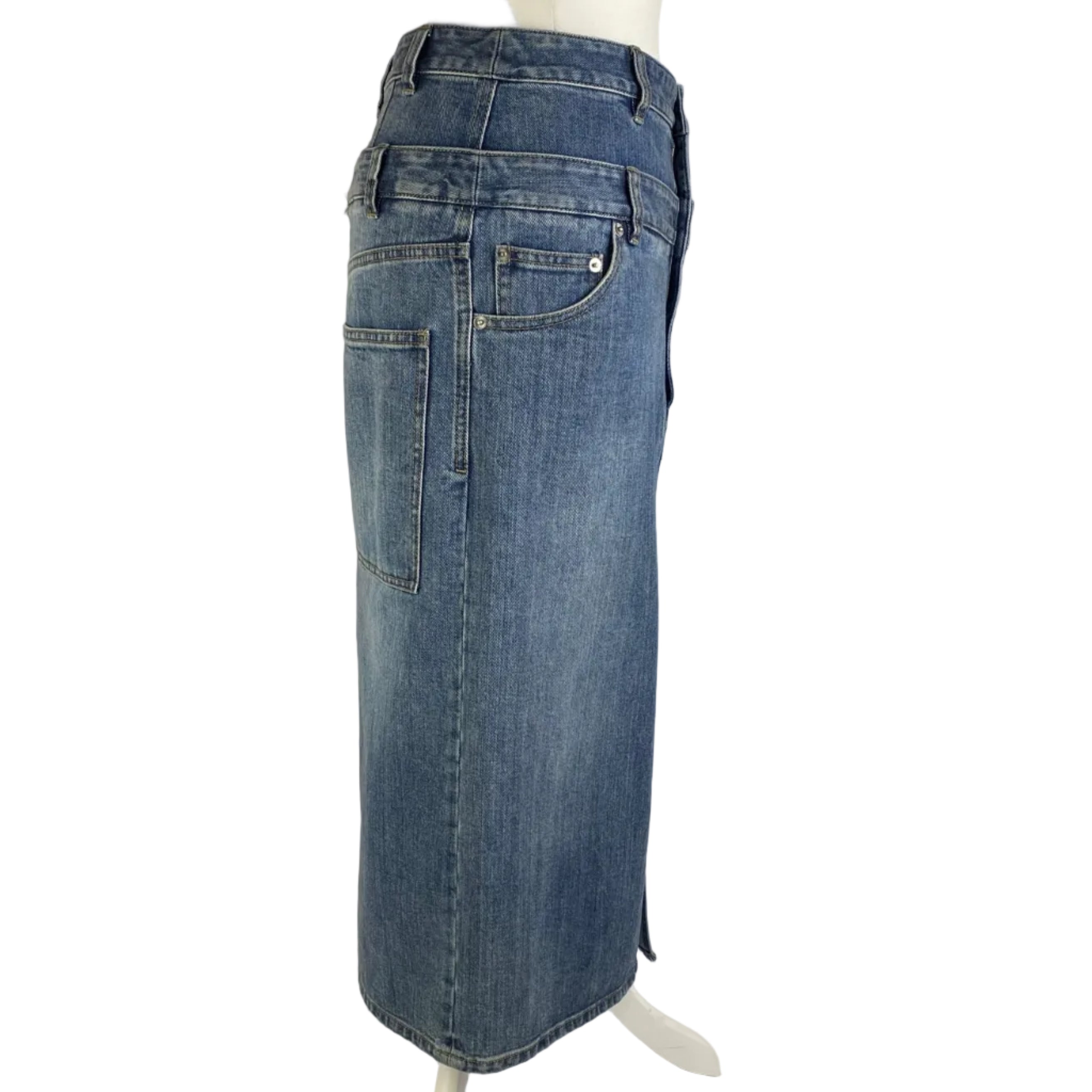Tibi Vintaged Denim Double Waist Straight Skirt 26