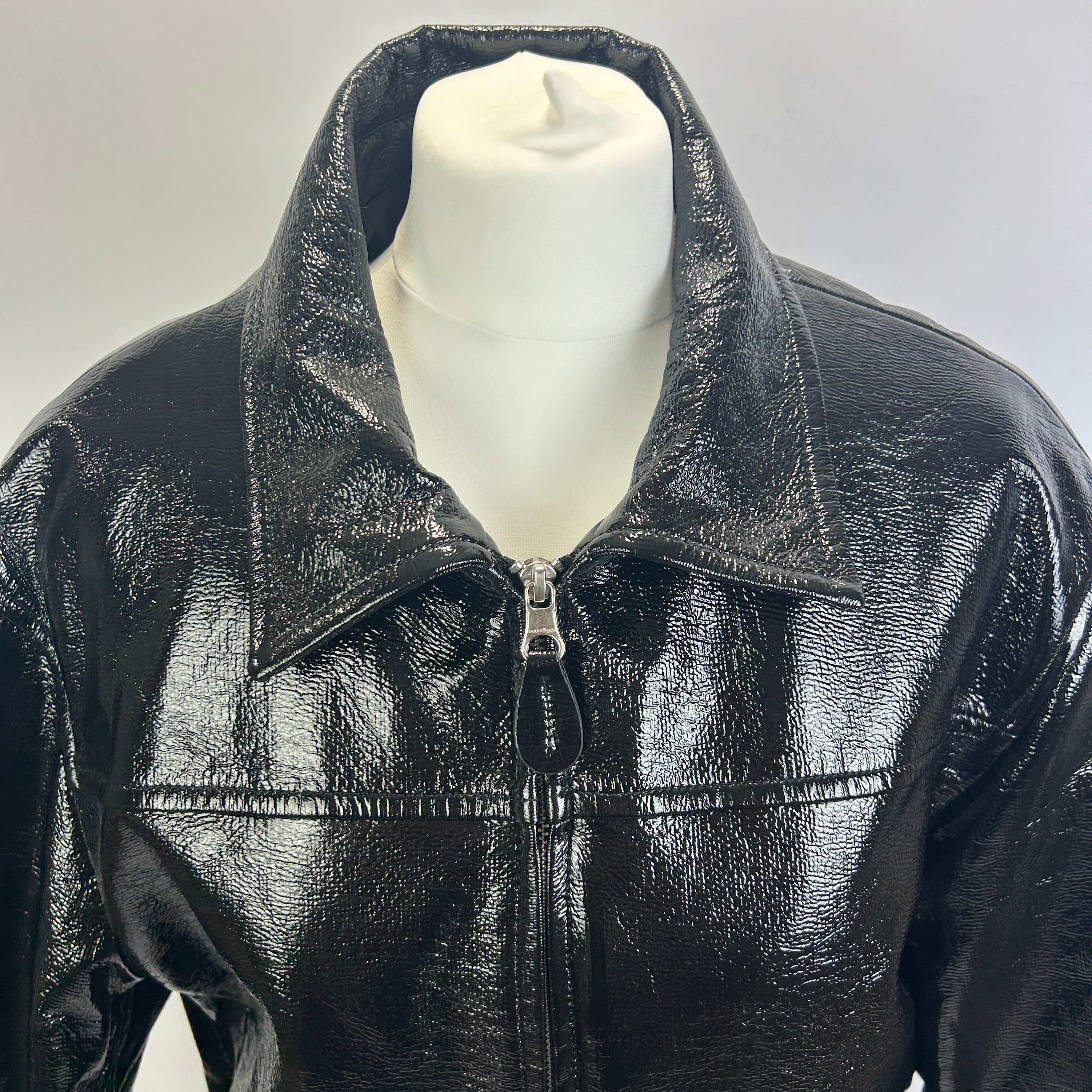 Courreges New £1545 Black Wet Look Zippered Longline Jacket M