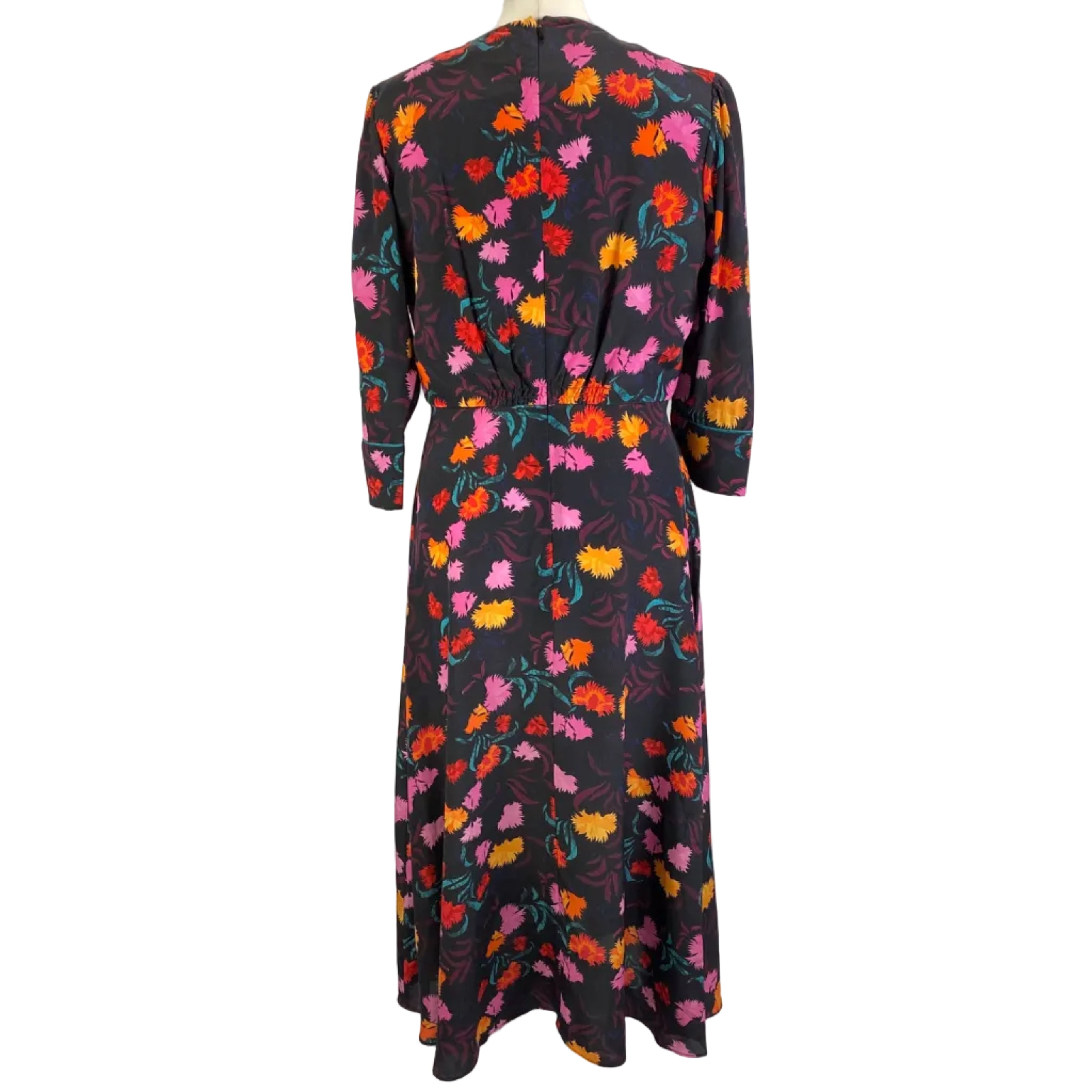 Saloni Black Floral Print Silk Tea Dress L