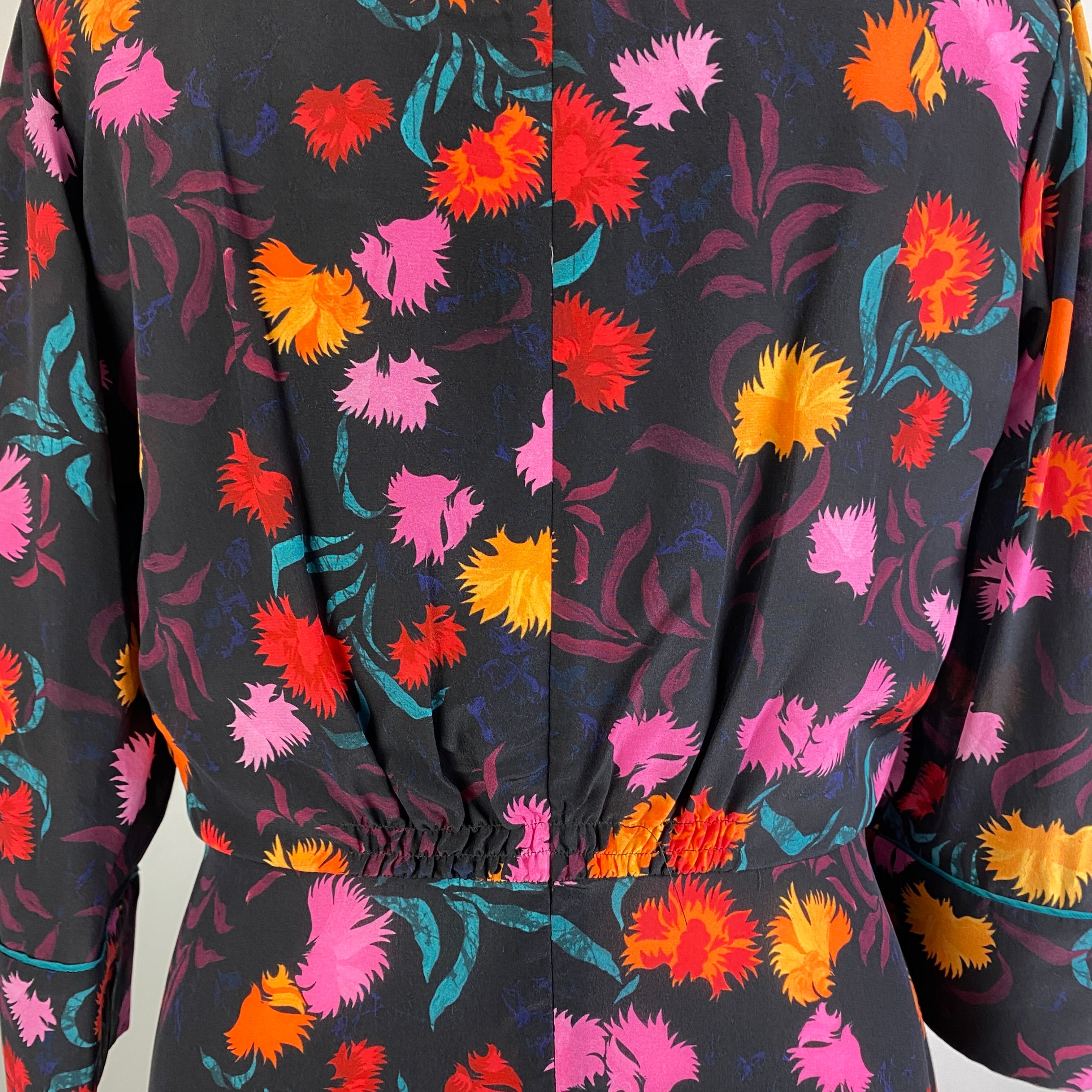 Saloni Black Floral Print Silk Tea Dress L