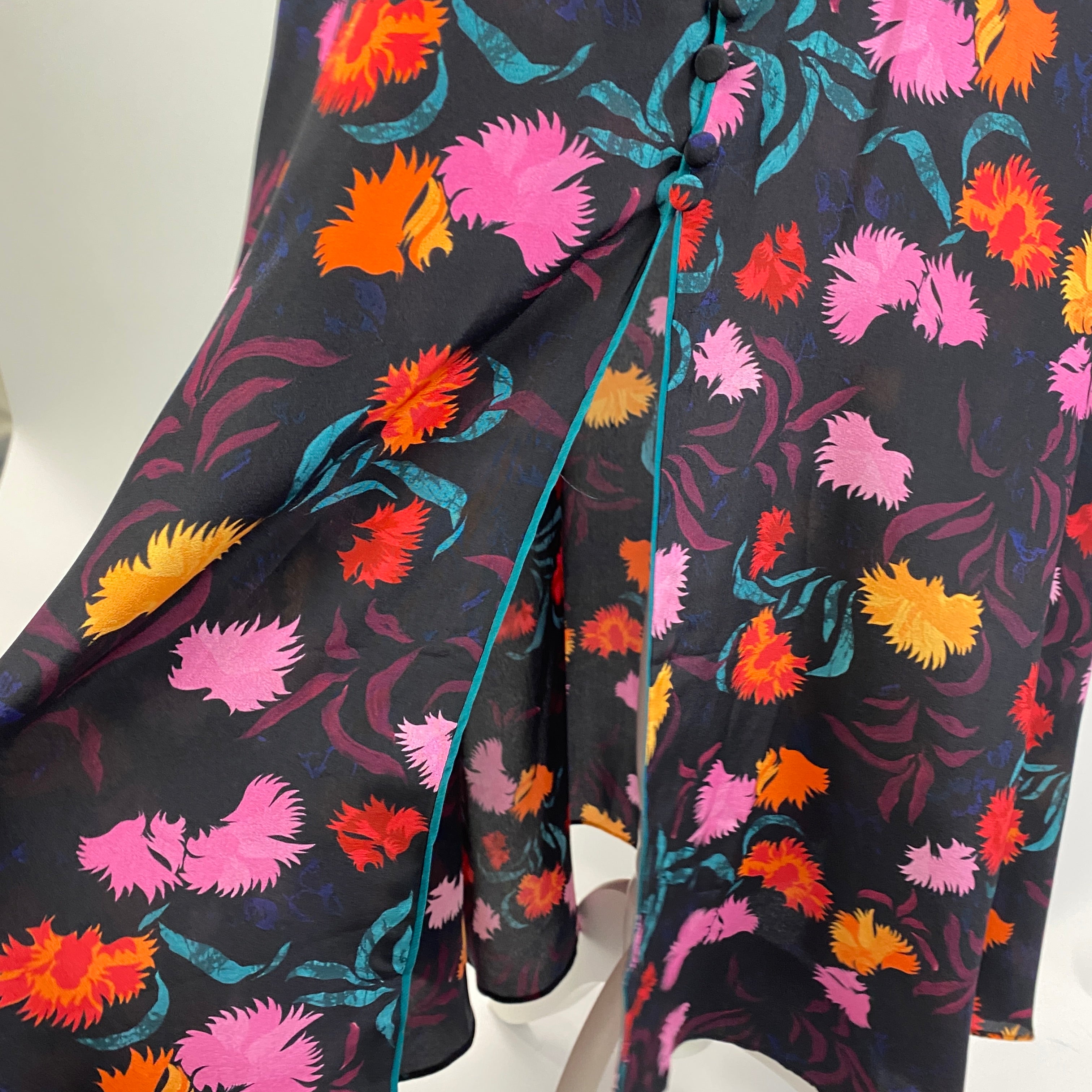 Saloni Black Floral Print Silk Tea Dress L
