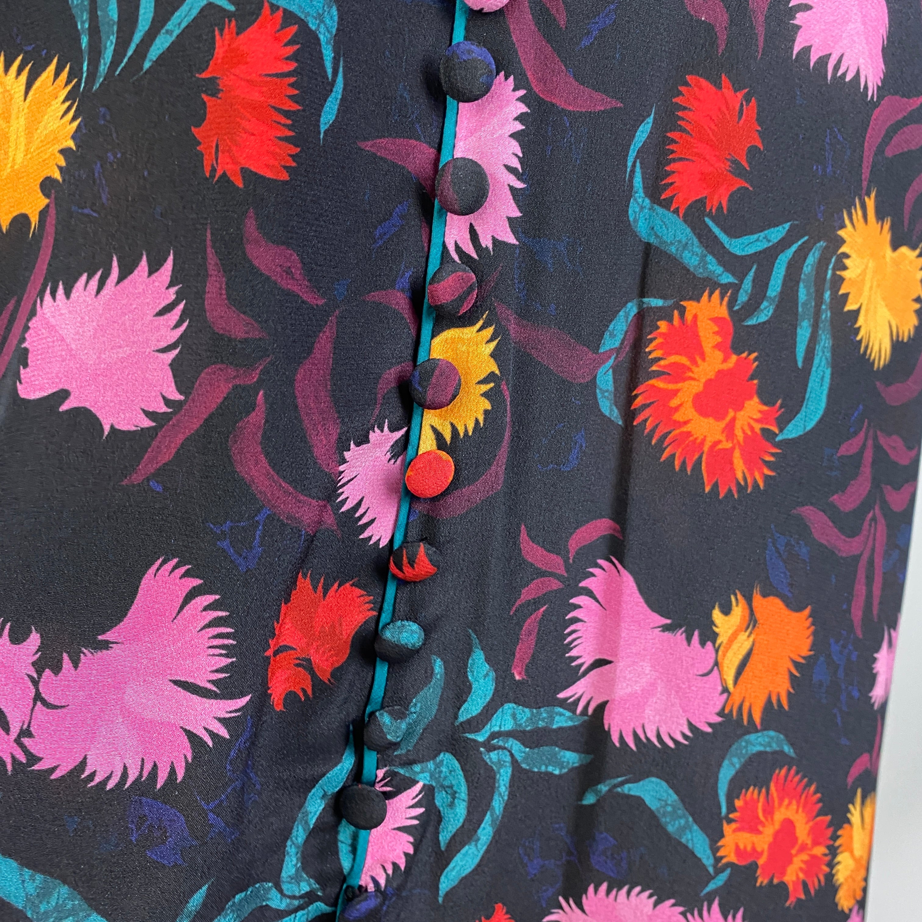Saloni Black Floral Print Silk Tea Dress L