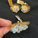 Alice Caviness Vintage 1950s Crystal & Gold Starburst Brooch & Earrings