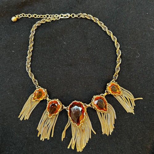 Hattie Carnegie Vintage Faceted Amber & Waterfall Chain Necklace