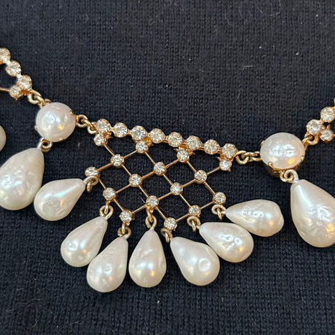 Dior Vintage Drop Pearl & Crystal Filigree Necklace