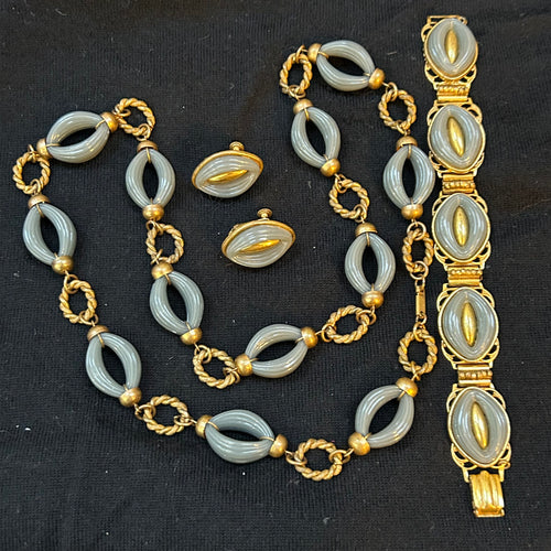 Miriam Haskell Vintage Grey Milk Glass Necklace Bracelet & Earrings