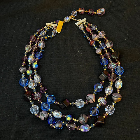 Hattie Carnegie Vintage Blue Glass Bead 3 Strand Choker Necklace
