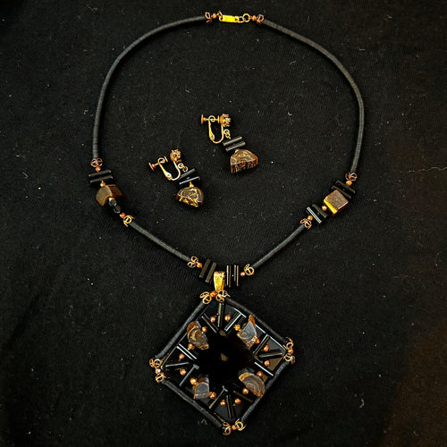 Miriam Haskell Vintage Dramatic Black Pendant Necklace & Earrings