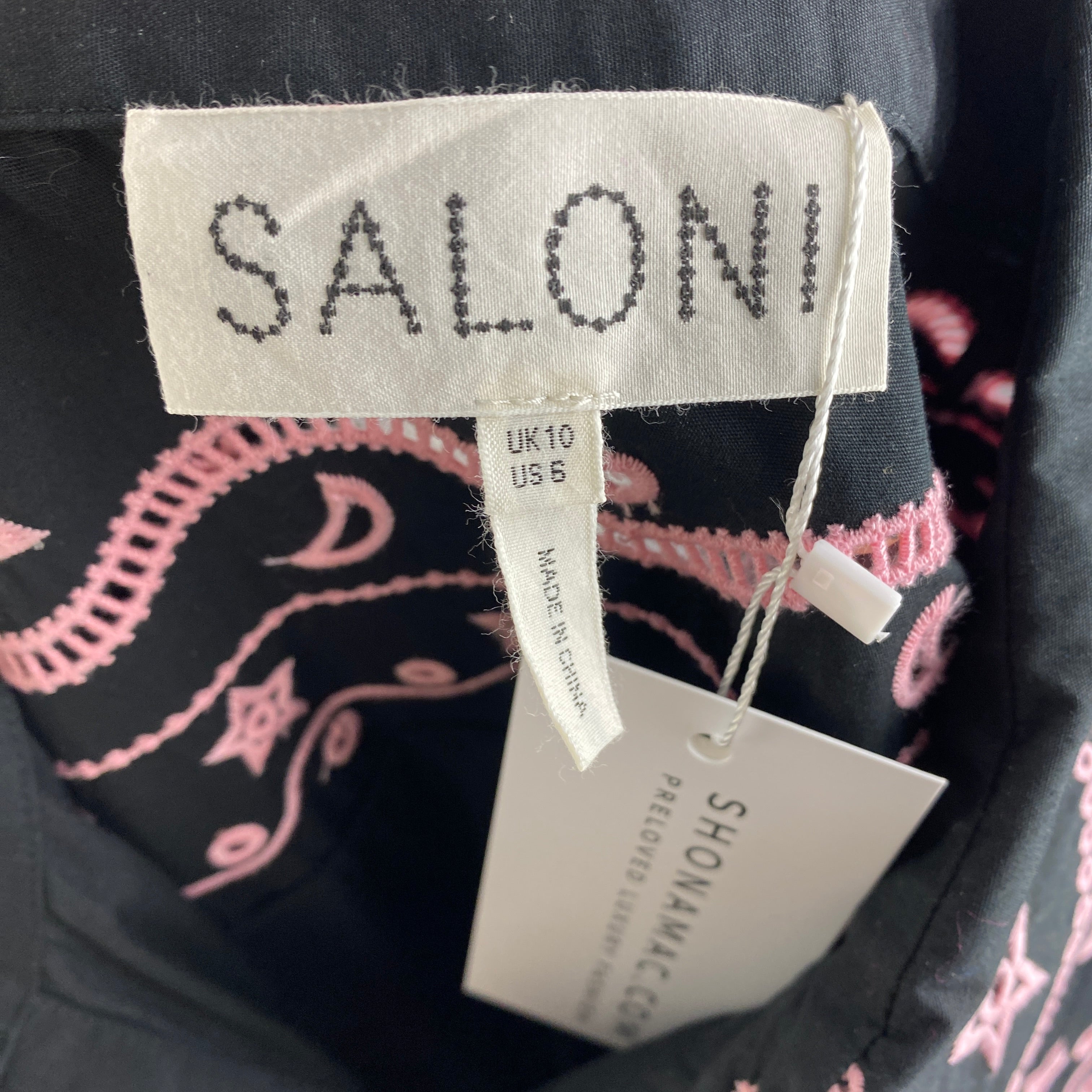 Saloni New £395 Black & Pink Embroidered Cotton Midi Dress S