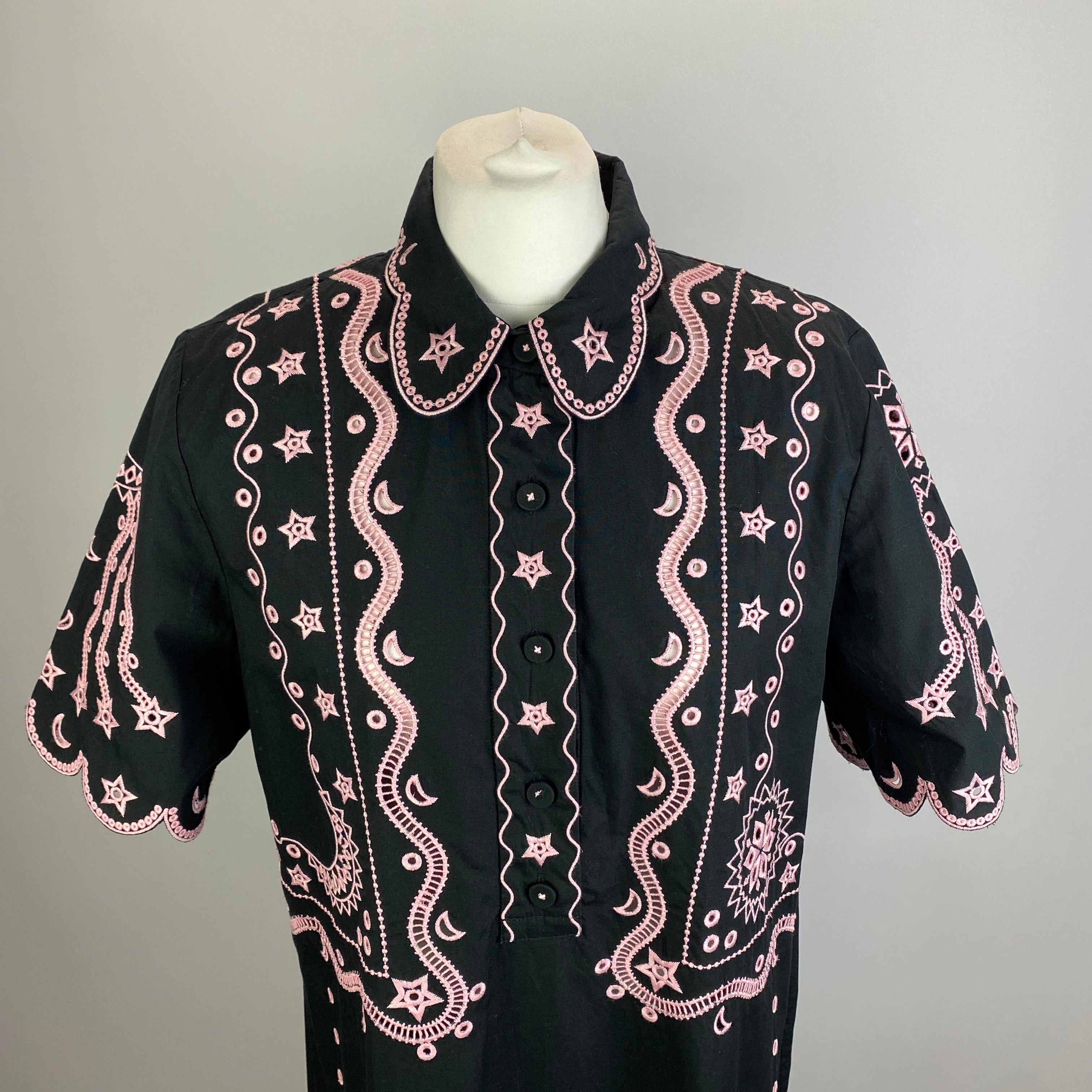 Saloni New £395 Black & Pink Embroidered Cotton Midi Dress S