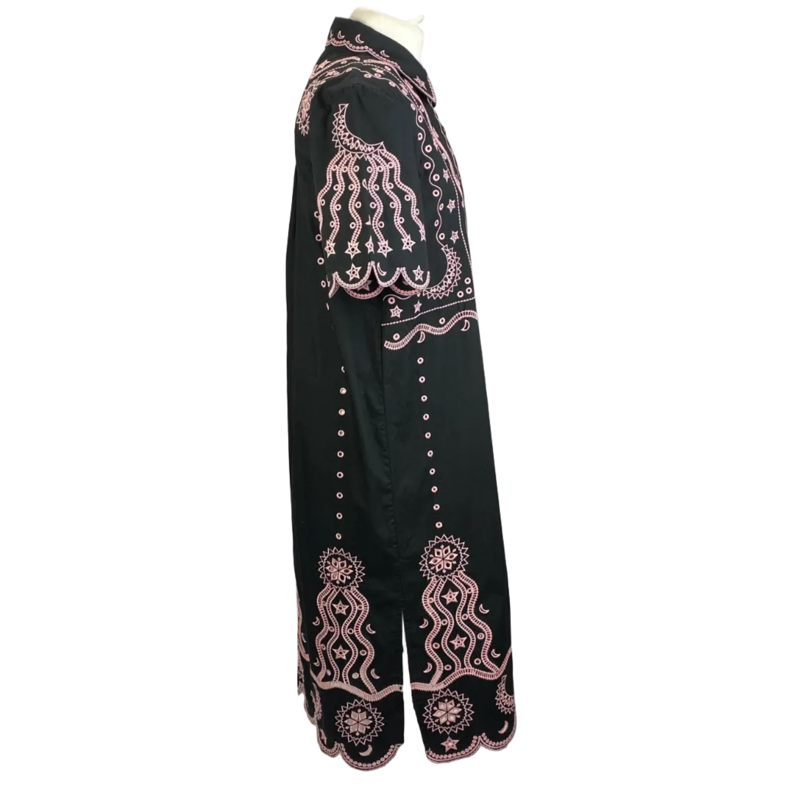 Saloni New £395 Black & Pink Embroidered Cotton Midi Dress S