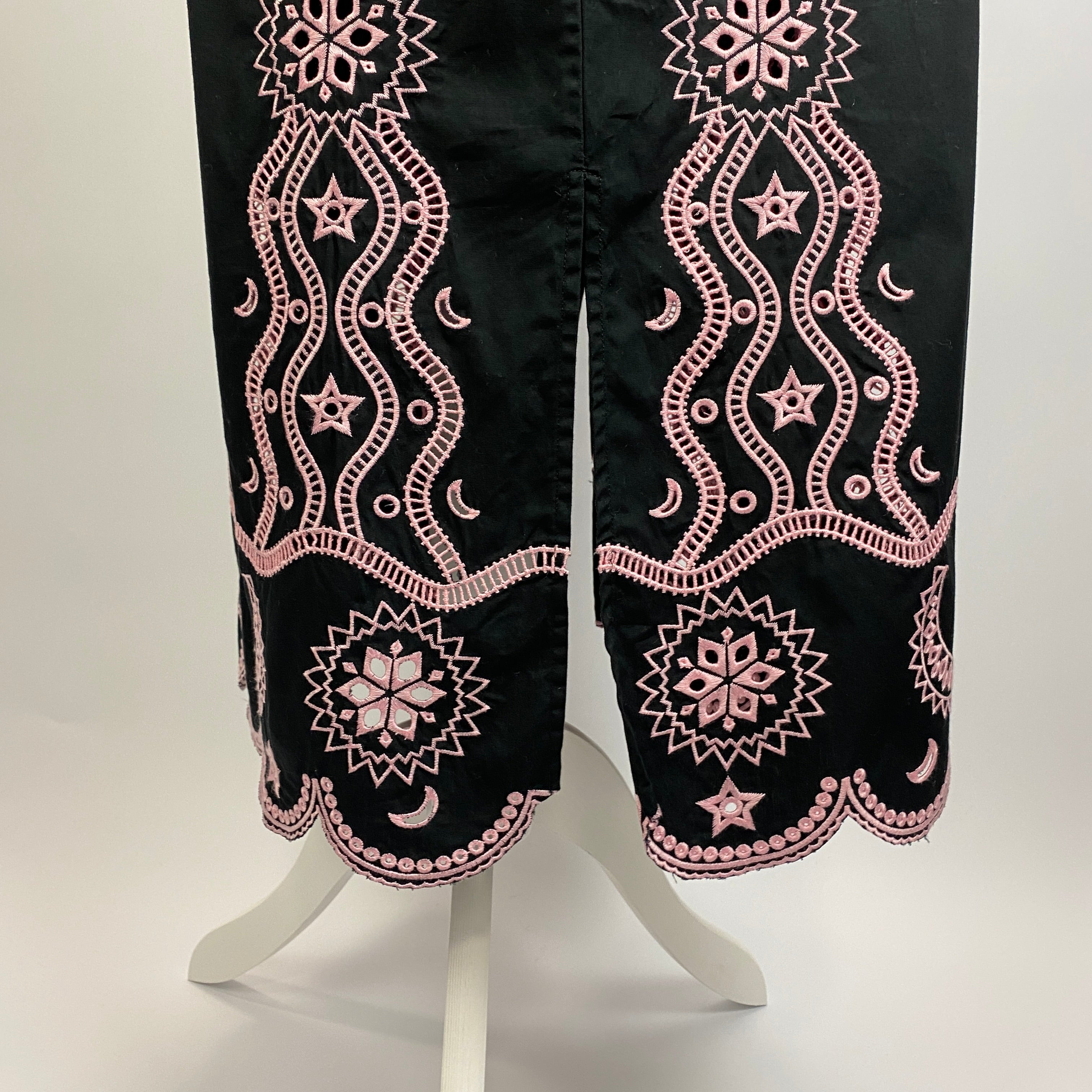 Saloni New £395 Black & Pink Embroidered Cotton Midi Dress S
