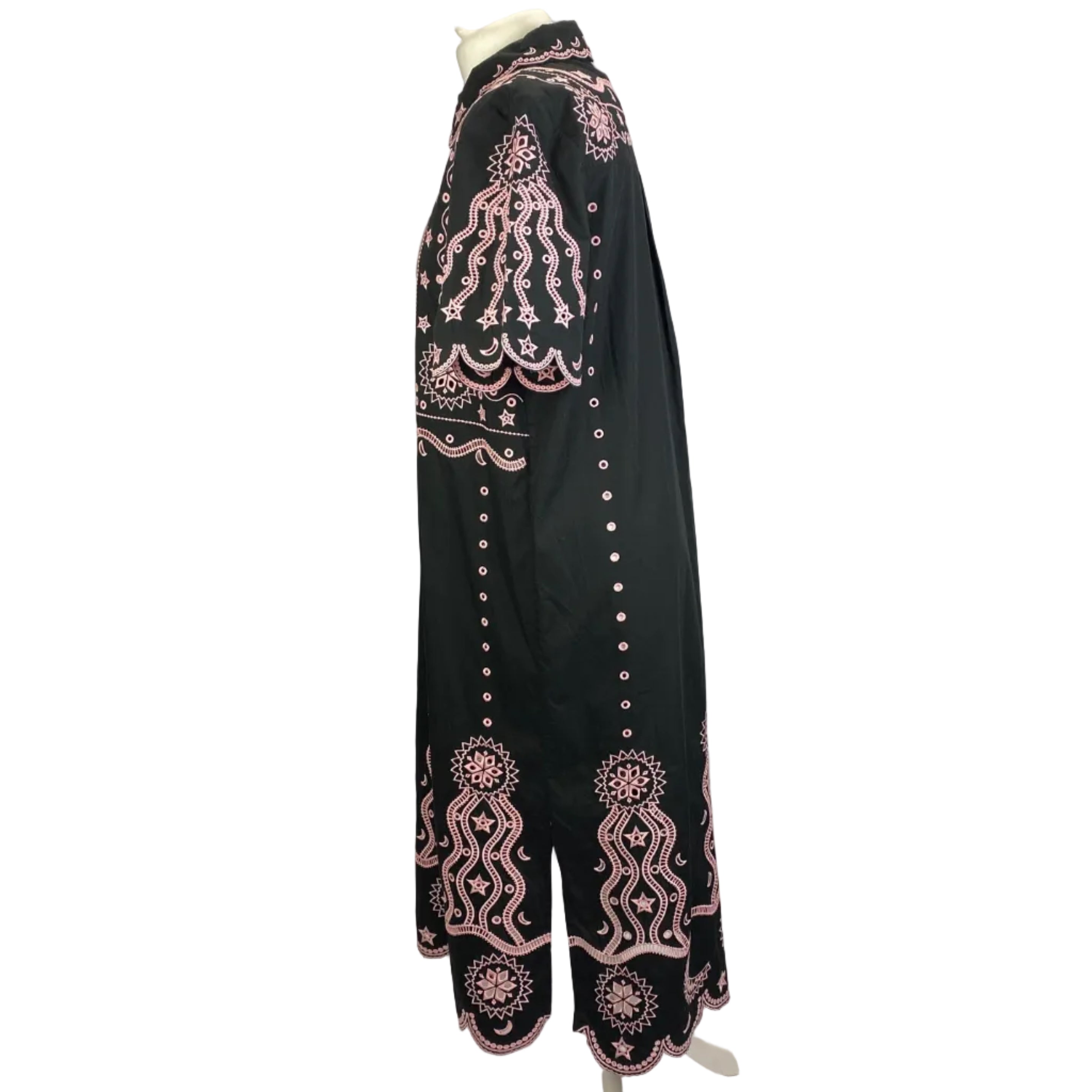 Saloni New £395 Black & Pink Embroidered Cotton Midi Dress S