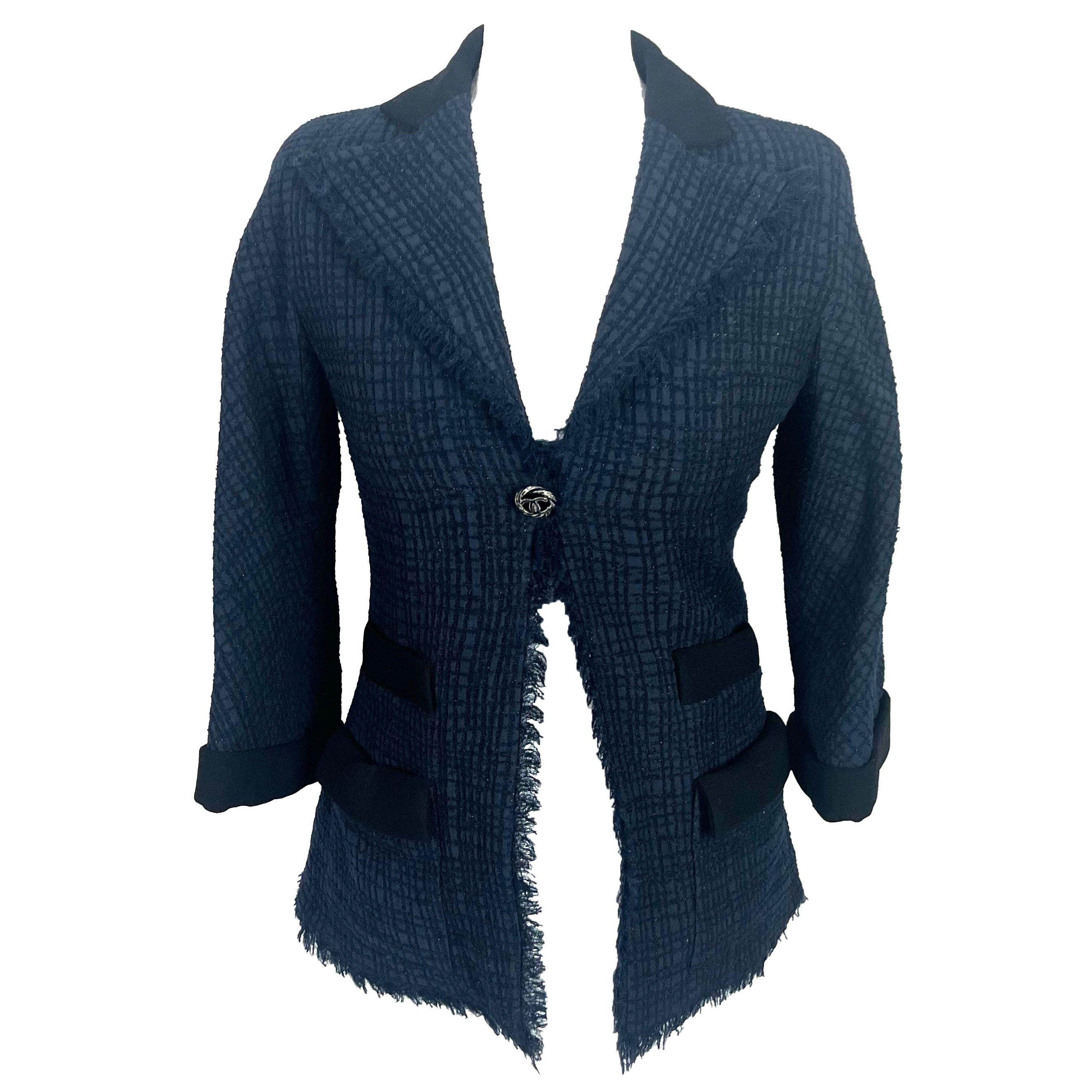 Chanel New Navy Sparkle Wool & Silk Tuxedo Jacket XS/XXS