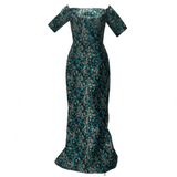 J Mendel $6000 Aqua & Bronze Brocade Evening Gown M