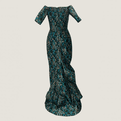 J Mendel $6000 Aqua & Bronze Brocade Evening Gown M