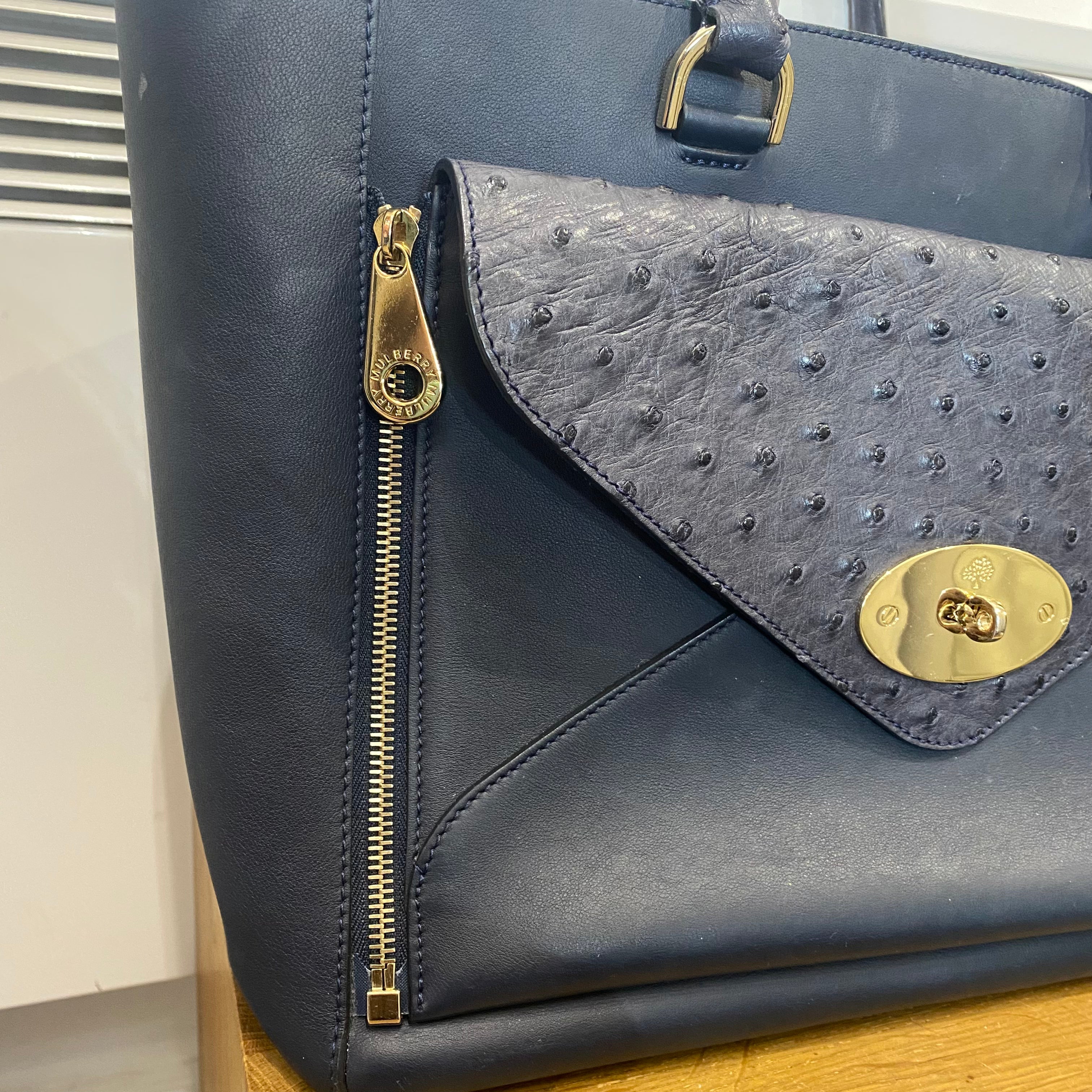 Mulberry Navy Large Calf & Ostrich Willow Tote Bag